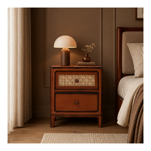 Mesita de Noche de Madera Personalizada con 2 Cajones y Frente de Ratán, Mueble de Dormitorio, Gabinete de Almacenamiento, Proveedor de Fábrica - Product Image 1