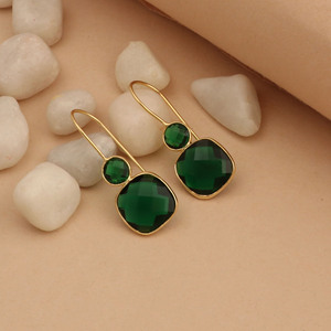 Wholesale Gold Plated Emerald Quartz Dangle <b>Earrings</b> Women Green Gemstone Double Drop <b>Hook</b> <b>Earrings</b> Fashion Jewelry Gift - Product Image 3