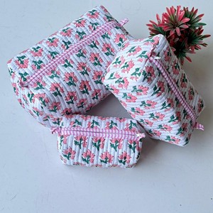 Juego de 3 Bolsas de Cosméticos Acolchadas de Algodón, Diseño Floral Rosa, Cierre de Cremallera, Bolsas de Maquillaje Portátiles - Product Image 6