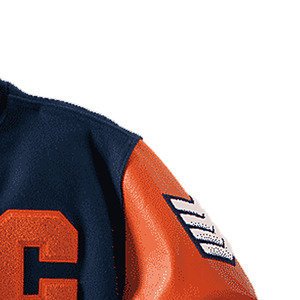 Veste varsity bleu marine pour homme, patchwork, manches en PU orange, logo brodé lettre C sur le devant, style preppy, écologique - Product Image 2