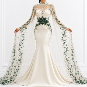 Nouvelle Robe de Mariée de Luxe en Satin, Coupe A-Line, Longueur Ras du Sol, Ivoire, avec Broderie Florale Vert Émeraude et Manches à Col Montant - Product Image 4