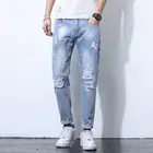 Jeans de Mezclilla para Hombre, Corte Recto, Desgastados, Lavado a la Piedra, Cintura Media, Casuales, de Algodón, Azules, para Primavera - Product Image 4