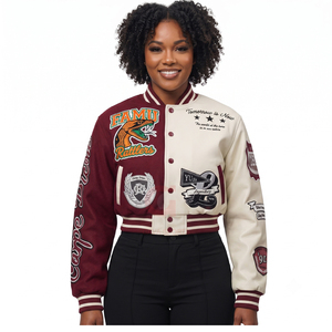 Baseball <b>high</b> quality <b>top</b> Custom Design Logo Varsity Jackets Baseball Jackets <b>Leather</b> Sleeve Women's Jackets Lady Crop Jackets - Product Image 4