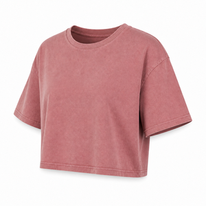 T-shirt court ample à col rond pour femme en jersey de coton enzymatique rose poudré, manches courtes, style décontracté - Product Image 4