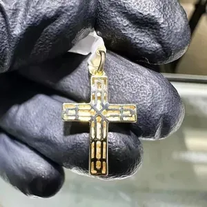2Ct Round Cut Real Moissanite Cross <b>Charm</b> Women's Pendant 925 Sterling <b>Silver</b> Gold Plated Vintage Style Tishya Diamond - Product Image 5
