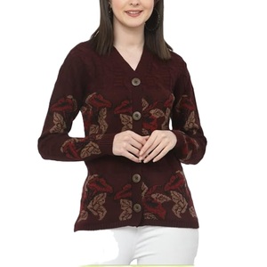 Women's V-Neck Solid Computer Knit Full Sleeve <b>Covered</b> <b>Button</b> Front Casual Winter 100% Acrylic Anti-Pilling Breathable - Product Image 5