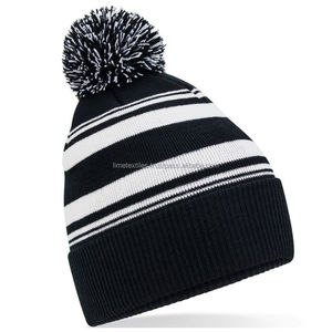 Wholesale Custom Stripe Winter Warm Unisex 100% <b>Wool</b> <b>Beanie</b> Striped Knitted Jacquard Cuffed Pom Pom Cap Hats - Product Image 2