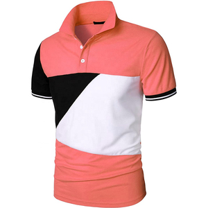 Polo pour homme en maille tricotée, coupe ajustée, style décontracté, à manches courtes, avec blocs de couleur géométriques corail, noir et blanc, NOUVEAU - Product Image 1