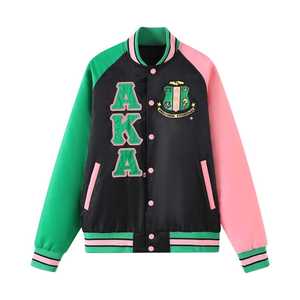 Blouson Bomber Noir AKA avec Doublure Personnalisée, Broderie Lettres Grecques Rose et Vert, Style Universitaire Streetwear pour Femme - Product Image 1