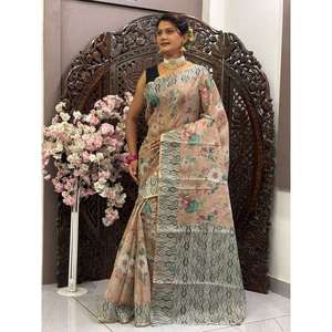 DISEÑADOR SILK DIGITAL PRINT WORK SAREE CON BLUSA SIN COSTAR CHIKU - Product Image 1