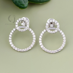 Boucles d'oreilles pendantes géométriques minimalistes en or blanc 14 carats avec diamants de laboratoire ronds de 1,62 carat, double cercle, pavé, cadeau d'anniversaire - Product Image 2