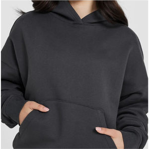 Sudadera con capucha negra cálida de moda para mujer, con hombros caídos, bordada y con estampado personalizado, 100% algodón polar, talla grande, informal, para invierno, al por mayor - Product Image 3