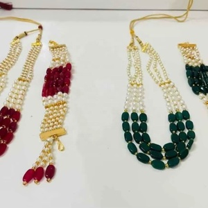 Exquisite Handcrafted Combo of Traditional Pearl and Gemstone Jewelry Crimson <b>Ruby</b>-Red and Deep Emerald-Green bracelets <b>Necklace</b> - Product Image 1