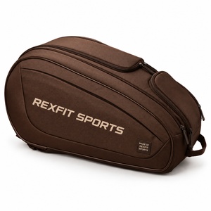 Sac de transport pour raquette de squash Rexfit Sports personnalisé marron avec impression de texte personnalisée, compartiments multi-zippés et forme de rangement sportif - Product Image 1