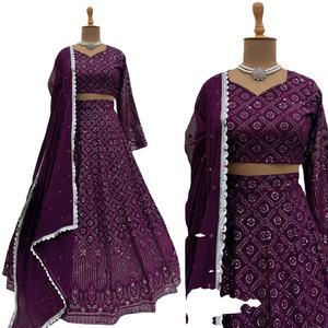 NUEVO LEHENGHA DE TELA DE SATÉN DE SEDA GEORGETTE MODERNO SEMI-CONFECCIONADO CON LENTEJUELAS DE HILOS PARA BODA - Product Image 1