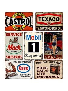 Metal Wall <b>Signs</b> Set Castrol Texaco Mobil Esso <b>Shell</b> Garage Decor Rectangle Multi-piece Package Rustic Style - Product Image 1
