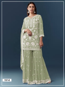 Kurti brodé élégant avec pantalon palazzo, tenue ethnique traditionnelle pour femmes, coupe ample, longueur au sol, Inde, Pakistan - Product Image 3