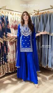 Georgette tissu indien pakistanais Designer dessiné à la main fêtes robe ethnique moderne-adultes Sharara costume palazzo pour les femmes - Product Image 3