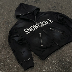 เสื้อฮู้ดซิป Snowgrace สีดำ พิมพ์ลายตัวอักษรประดับเพชร สไตล์สตรีทแวร์ เสื้อกันหนาวผู้ชาย ทรงปกติ - Product Image 5