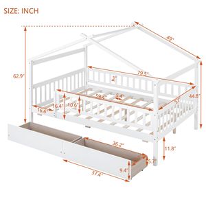 Letto a capanna in legno bianco a grandezza naturale con due cassetti per bambini - Product Image 3