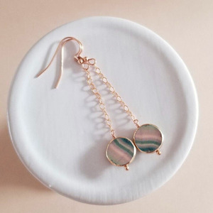 Pendientes Colgantes con Forma de Moneda de Fluorita, Piedras Preciosas Naturales Multicolores, Chapados en Oro Rosa, Joyería Hecha a Mano para Mujer - Product Image 1