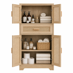 Armoire de salle de bain moderne en teck avec portes en rotin - Product Image 1