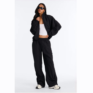 Women's <b>Black</b> <b>Windbreaker</b> Set Full Length Loose Fit Stand Collar Bomber Jacket With Side Pockets Elastic Waist Streetwear - Product Image 1