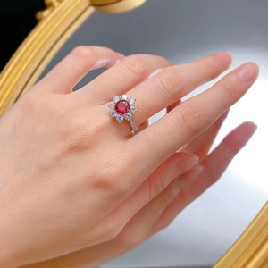 Anillo Halo con Flor, Rubí Rojo en el Centro, Anillo de Compromiso de Oro Blanco, Anillo Floral con Diamantes, Anillos de Plata de Ley 925 con Piedras Preciosas - Product Image 5