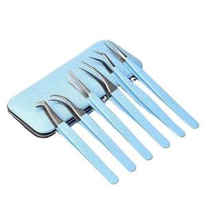 Precision Stainless Steel <b>Eyelash</b> Tweezers Set with Smooth Tips Blue Handle 6-Piece Kit for Lash Extension <b>Application</b> - Product Image 1