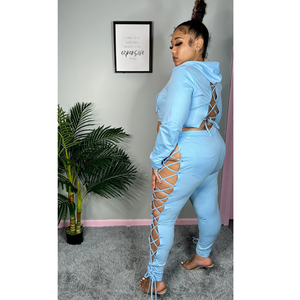 Ensemble pantalon et haut à capuche bleu pour femme, manches longues, taille haute, avec lacets, tenue de club sexy, couleur unie, en spandex et polyester, longueur complète - Product Image 6