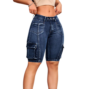 Women <b>Denim</b> Cargo Skinny Shorts <b>Stretch</b> Casual Breathable Quick Dry Slim Fit Mid Waist Knee Length Multi Pocket Summer Everyday - Product Image 1