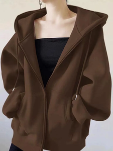 Gray Pure Color Hooded Open Sweatshirt Women's Autumn Winter <b>Fleece</b> <b>Lined</b> Lazy Style Korean Version <b>Jacket</b> - Product Image 3