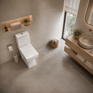 WC monobloc à cuvette allongée, à sortie verticale (S-Trap/P-Trap), double chasse, design contemporain, pour salle de bain, 650x360x740mm, à fixation encastrée - Product Image 5