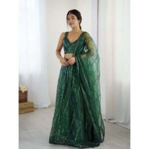 Lehenga Choli indien et pakistanais non cousu, 1400g, avec paillettes vertes et travail de dori, vêtements de fête - Product Image 6