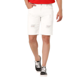 Shorts de Mezclilla Blancos Rotos para Hombre, Cintura Media, Estilo Casual de Verano con Bolsillos - Product Image 1