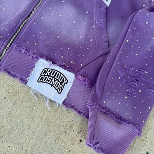 Sudadera con capucha y cremallera completa personalizada, morada, con pedrería, efecto desgastado, lavado vintage, gráfico, estilo streetwear, oversize, de algodón polar - Product Image 4