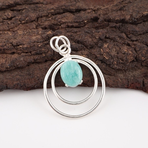Pendentif de mode en Amazonite et Argent Sterling 925, design cercle vintage, en laiton plaqué argent, fait main, coupe ovale avec sertissage à griffes - Product Image 1
