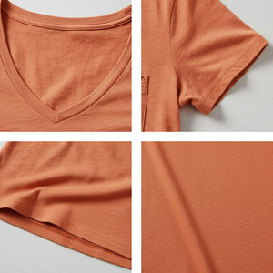 T-shirt pour femme à col en V, couleur vive, avec poche poitrine, manches courtes, en coton doux, coupe décontractée, personnalisable OEM, vente en gros - Product Image 5