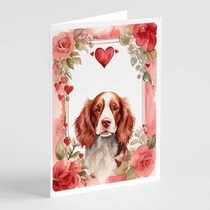 Whimsical Welsh Springer Spaniel y Valentine Roses Pack 8 A7 Tamaño 5x7 Tarjetas de felicitación en blanco con sobres para escribir notas - Product Image 1