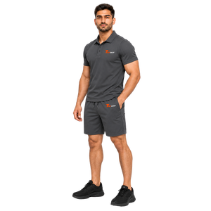 <b>Men</b> <b>Red</b> Cotton Polo <b>Shirt</b> Shorts Set Breathable Summer Casual Wear Solid Color Front Logo Knitted Fabric Seamless - Product Image 1