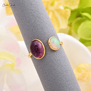 Verified Wholesaler 14K Solid Yellow Gold Opal <b>Split</b> Shank <b>Ring</b> 10X8mm Cab Pink Tourmaline Dual Gemstone Cuff <b>Ring</b> For Women - Product Image 4