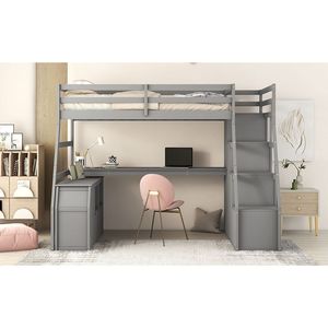 Letto a soppalco matrimoniale con 7 cassetti, 2 ripiani e scrivania in grigio per bambini - Product Image 3
