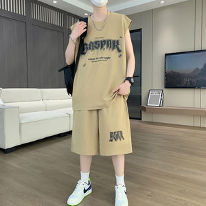 Ensemble 2 pièces été 2024 personnalisé : débardeur sans manches et short 100 % coton délavé effet soleil et usé pour homme - Product Image 2