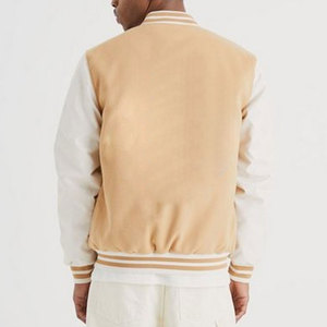 Men's Beige Varsity <b>Jacket</b> With White Sleeve And Logo Embroidery <b>Casual</b> Stand Collar Regular Fit Autumn Wear - Product Image 4