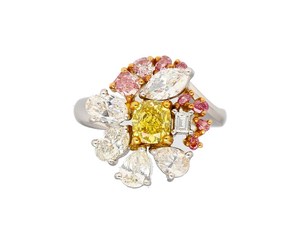 Flower Cluster Ring Lab Created Yellow <b>Cushion</b> Diamond Center White Pink Diamonds Alloy IGI Certified 18K Gold Plated Women's - Product Image 2