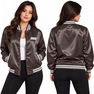 Veste en satin pour femme, bleu roi et rouge, à biais rouge, avec boutons-pression écarlates, deux tons, style veste de sport, manteau soyeux, direct usine, OEM, vente en gros - Product Image 5