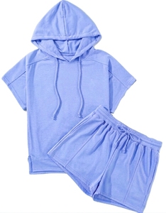 Conjunto de Sudadera con Capucha de Manga Corta y Pantalones Cortos de Punto de Algodón para Mujer, Tallas Grandes, Ropa Casual Transpirable de Alta Calidad, Logotipo Personalizado - Product Image 5
