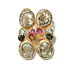 Boucles d'oreilles pendantes artisanales en argent sterling plaqué or 14 carats, style bohème, avec améthyste verte naturelle et multi-tourmaline - Product Image 1