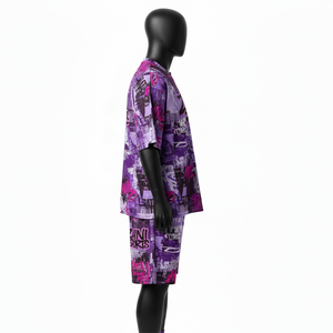 ชุดเสื้อยืดและกางเกงขาสั้นผู้ชาย ผ้าโพลีเอสเตอร์คุณภาพสูง ระบายอากาศได้ดี สีม่วงชมพู พิมพ์ลายทั่วตัว รับสกรีนโลโก้ - Product Image 3