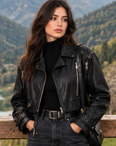 Black Genuine Leather Moto <b>Jacket</b> Slim Fit <b>Short</b> Length Zipper Closure Turn-down Collar Regular <b>Sleeve</b> Solid Color Unisex - Product Image 4